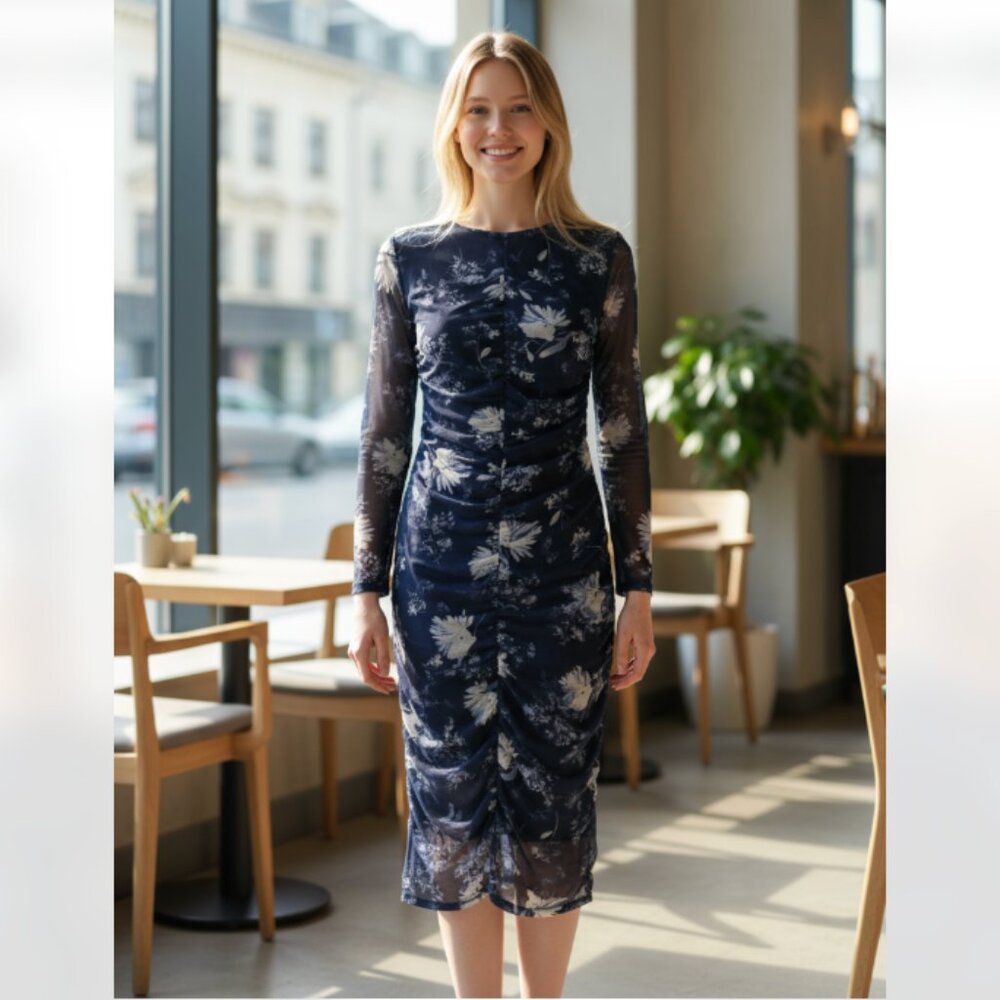 NWOT  Abercrombie & Fitch Long-Sleeve Mesh Midi Dress Navy Floral Medium